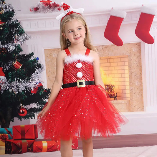 2023 Hot sale Christmas red princess dress party tulle sleeveless baby dress cosplay for girls